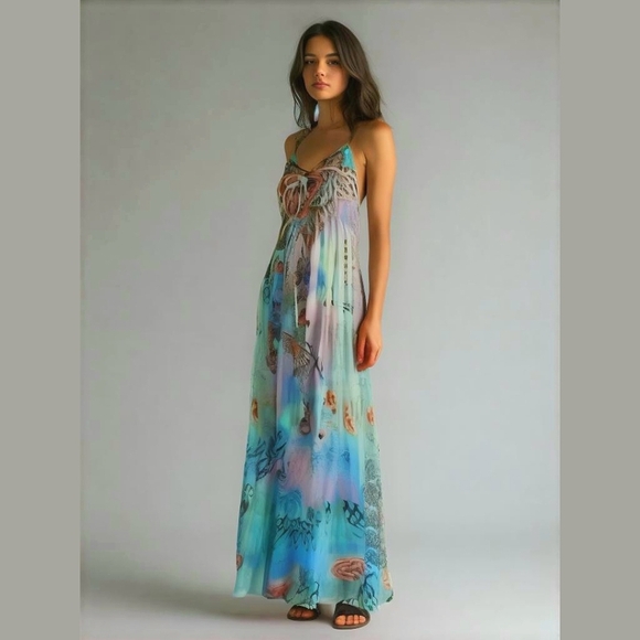 Vegas Royalty Blue Pink Roses Gothic Maxi Dress S-M - Picture 1 of 8